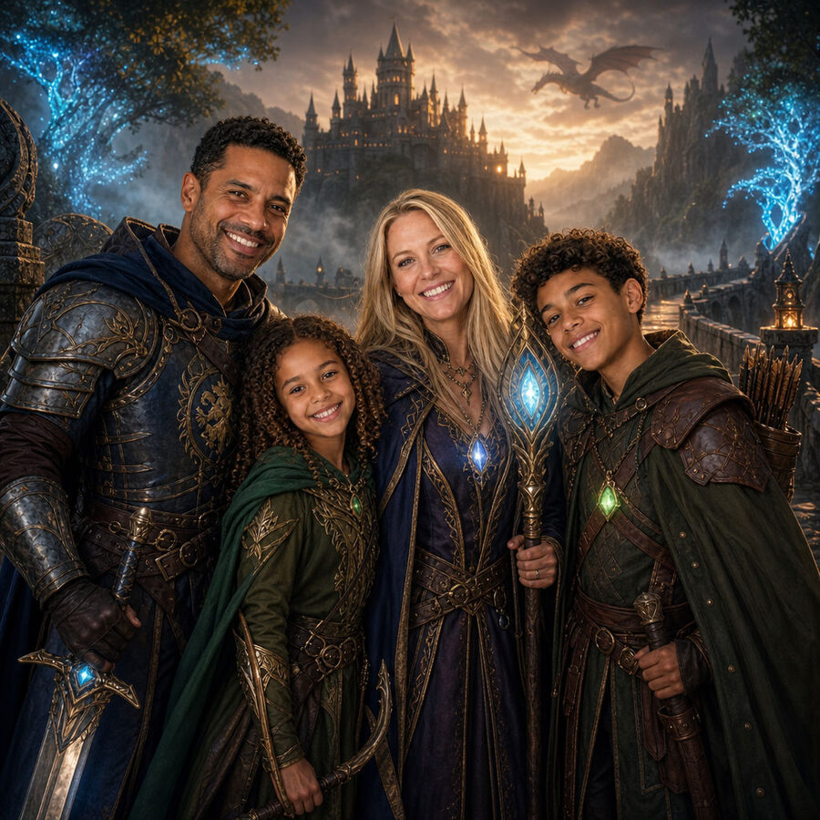 Uma família transformada em aventureiros de fantasia diante de um castelo