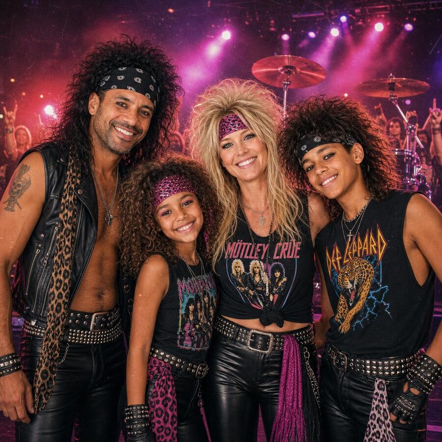 Uma família transformada numa banda de rock dos anos 80 em palco