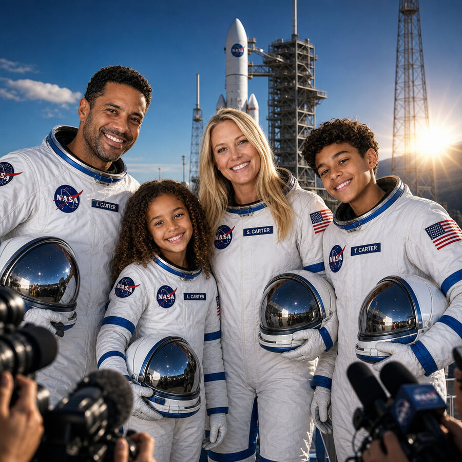 Uma família transformada em astronautas na plataforma de lançamento