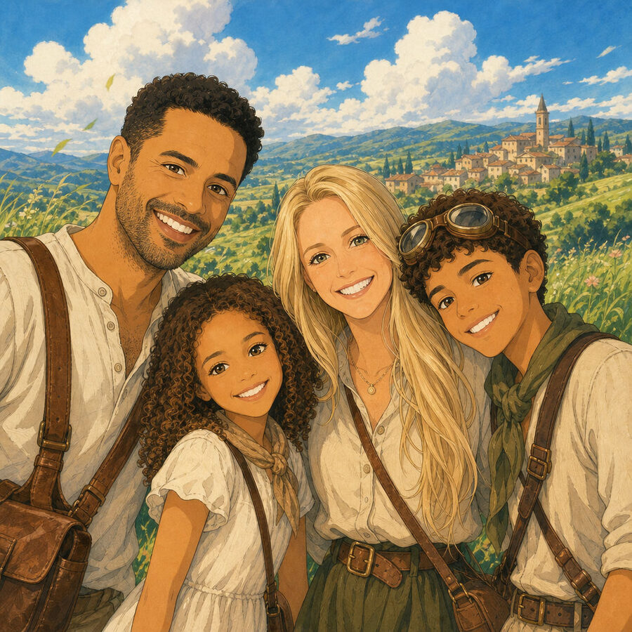 Uma família desenhada como personagens de um livro ilustrado