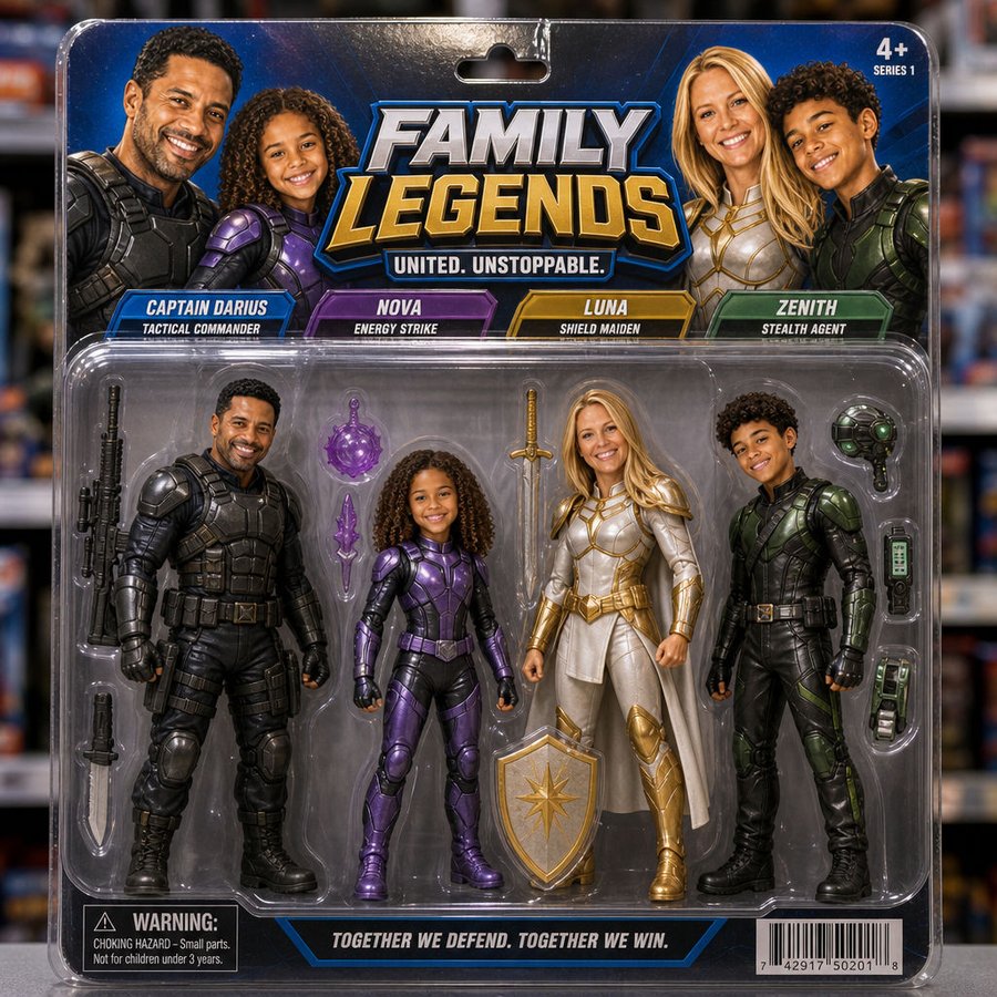 Uma família embalada como figuras de ação