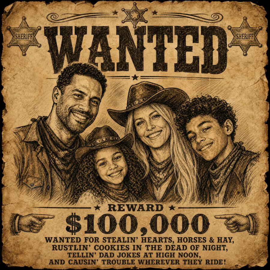 Uma família desenhada num cartaz de procurado do velho oeste