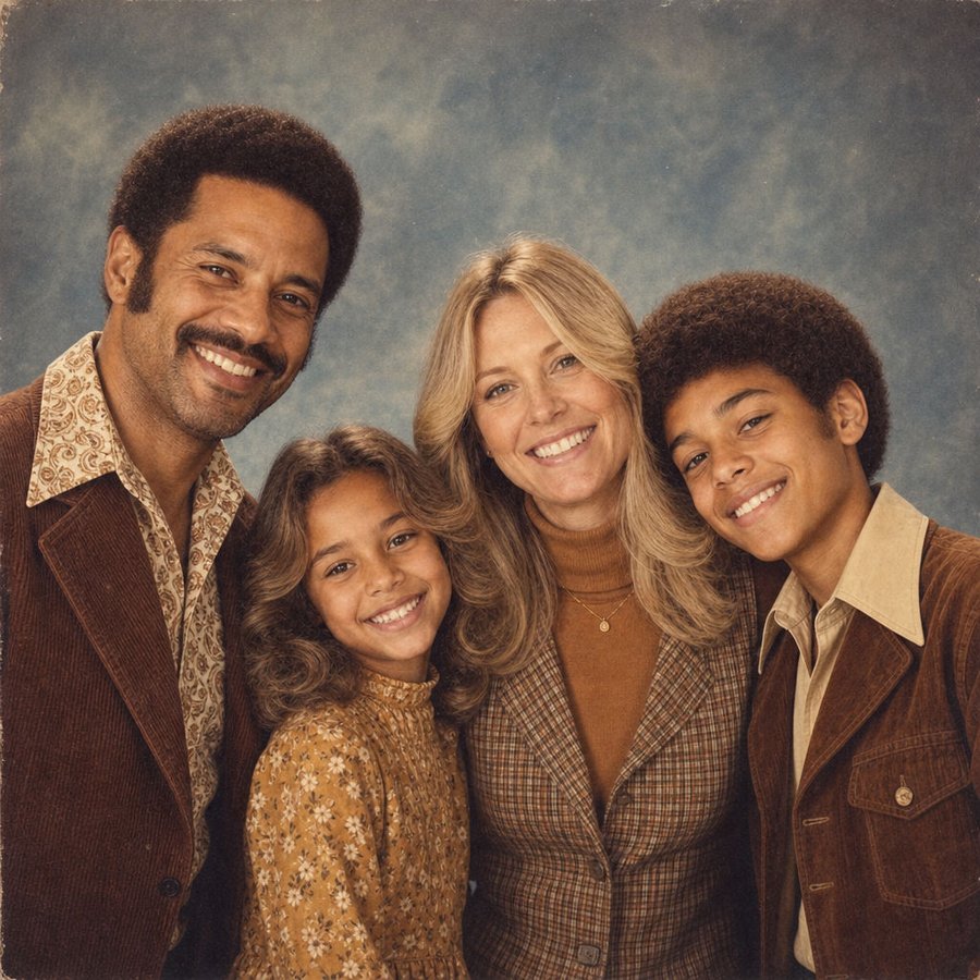 Uma família posada numa foto de anuário dos anos 70